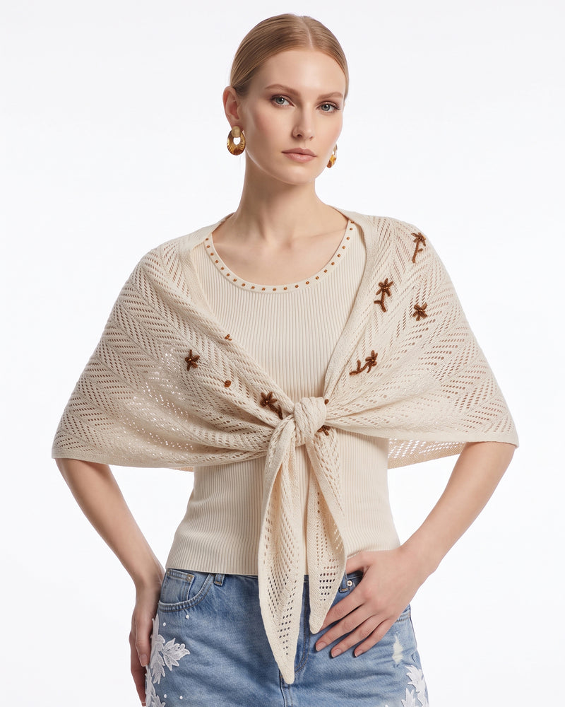 Embroidered Knit Shawl and Top Set - Beige