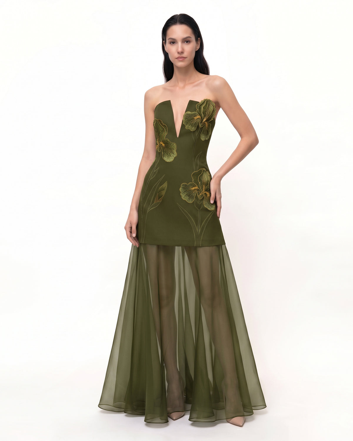 ris Embroidered Plunge Sheer Overlay Maxi Dress - Deep Emerald