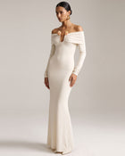 3D Embroidered Tulip Off-The-Shoulder Gown - Cream