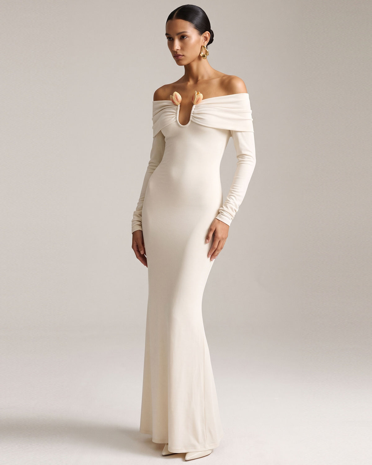 3D Embroidered Tulip Off-The-Shoulder Gown - Cream