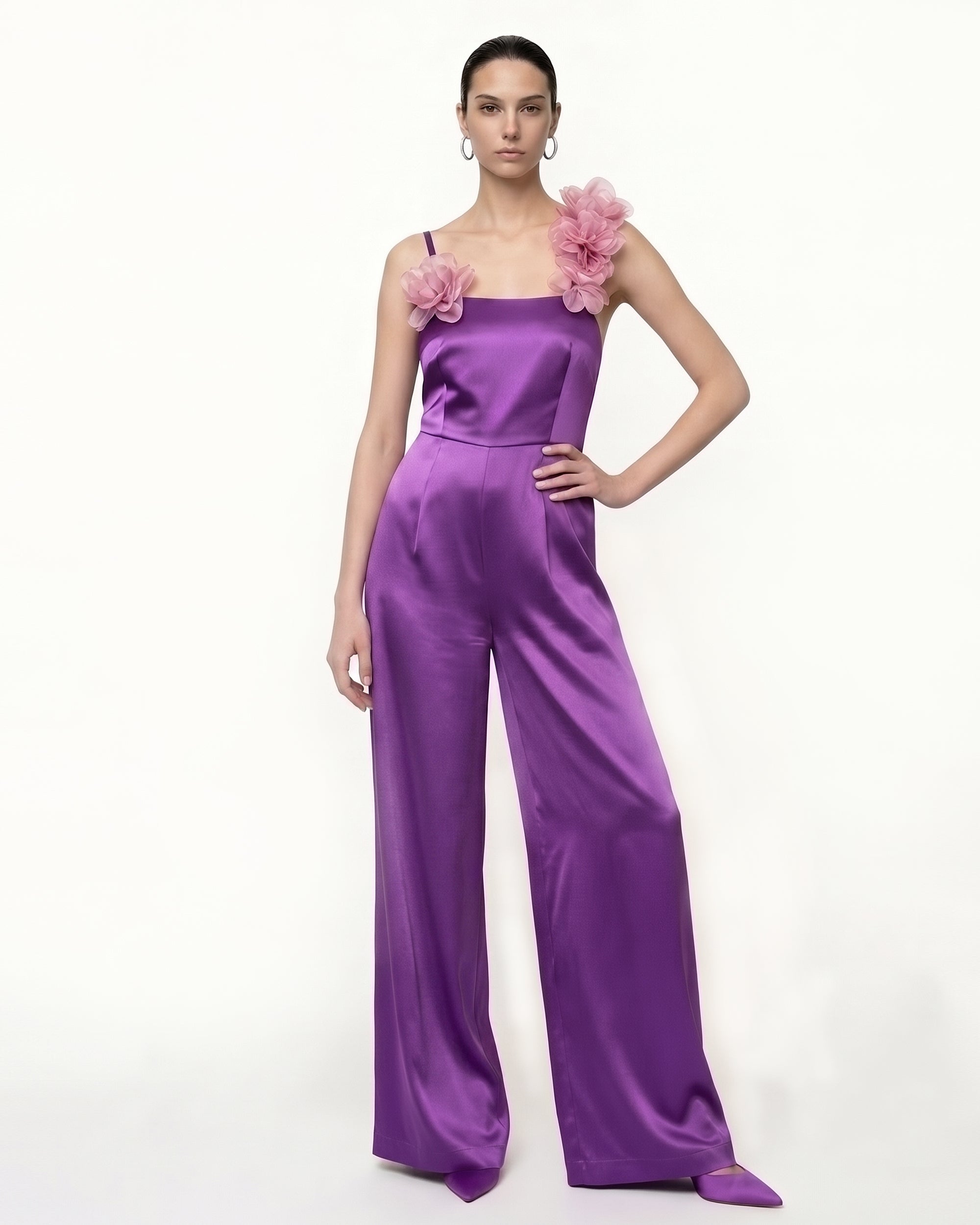 Floral Appliqué Satin Wide-Leg Jumpsuit - Purple