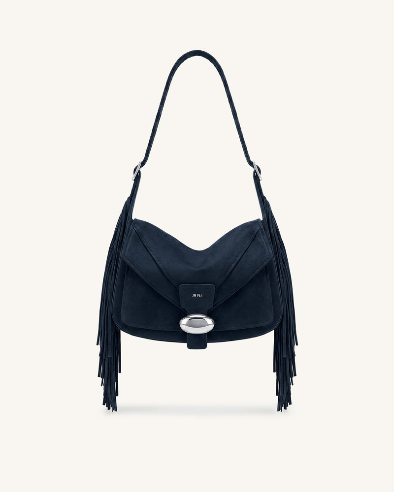 Avery Fringe Faux Suede Shoulder Bag - Navy Blue
