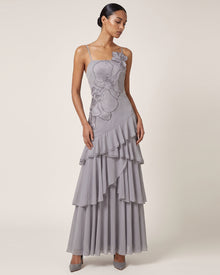 Orchid Embroidered Ruffled One-Shoulder Maxi Dress - Lavender Gray