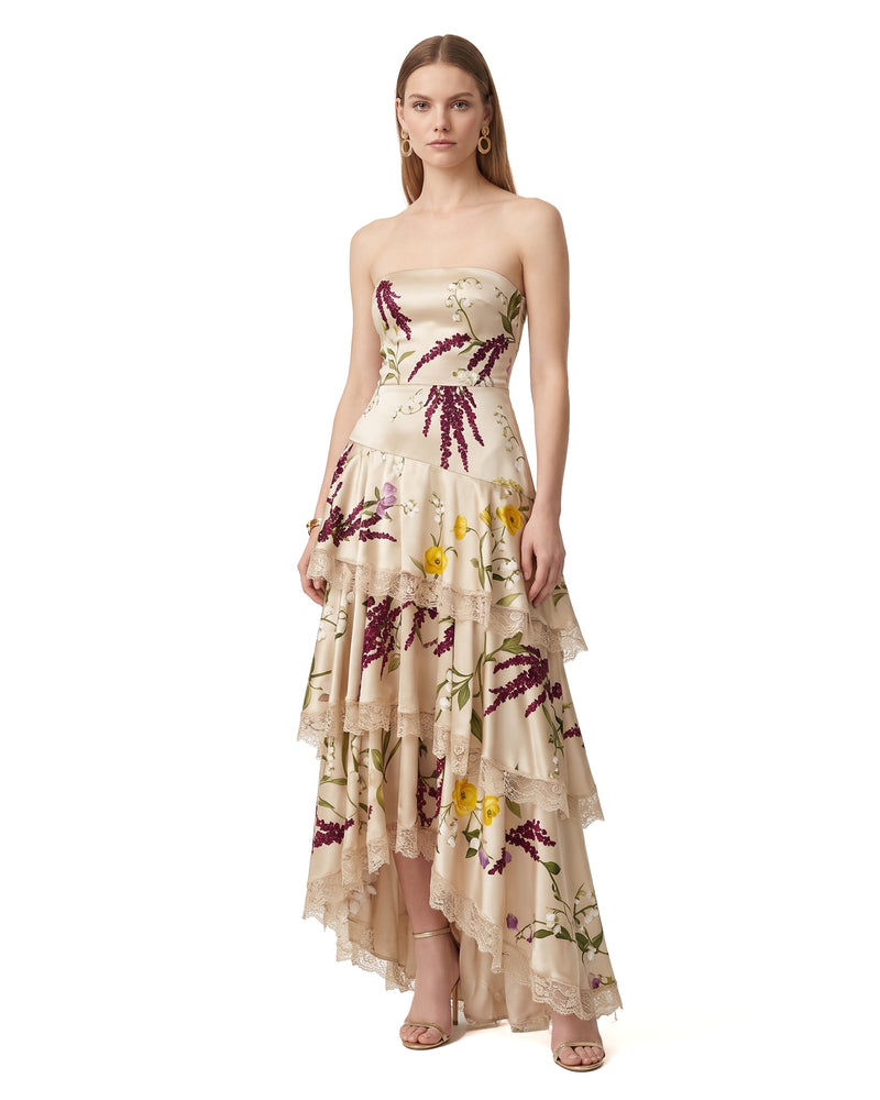 Strapless Floral Tiered Asymmetric Gown - Nude