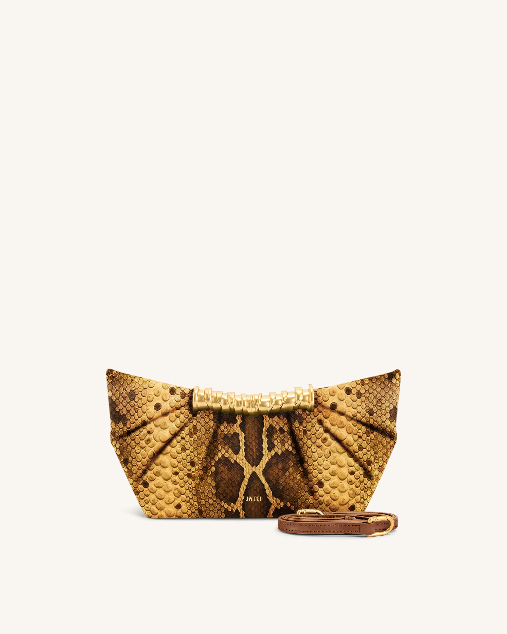 Leia Snake-Embossed Pleated Clutch - Camel