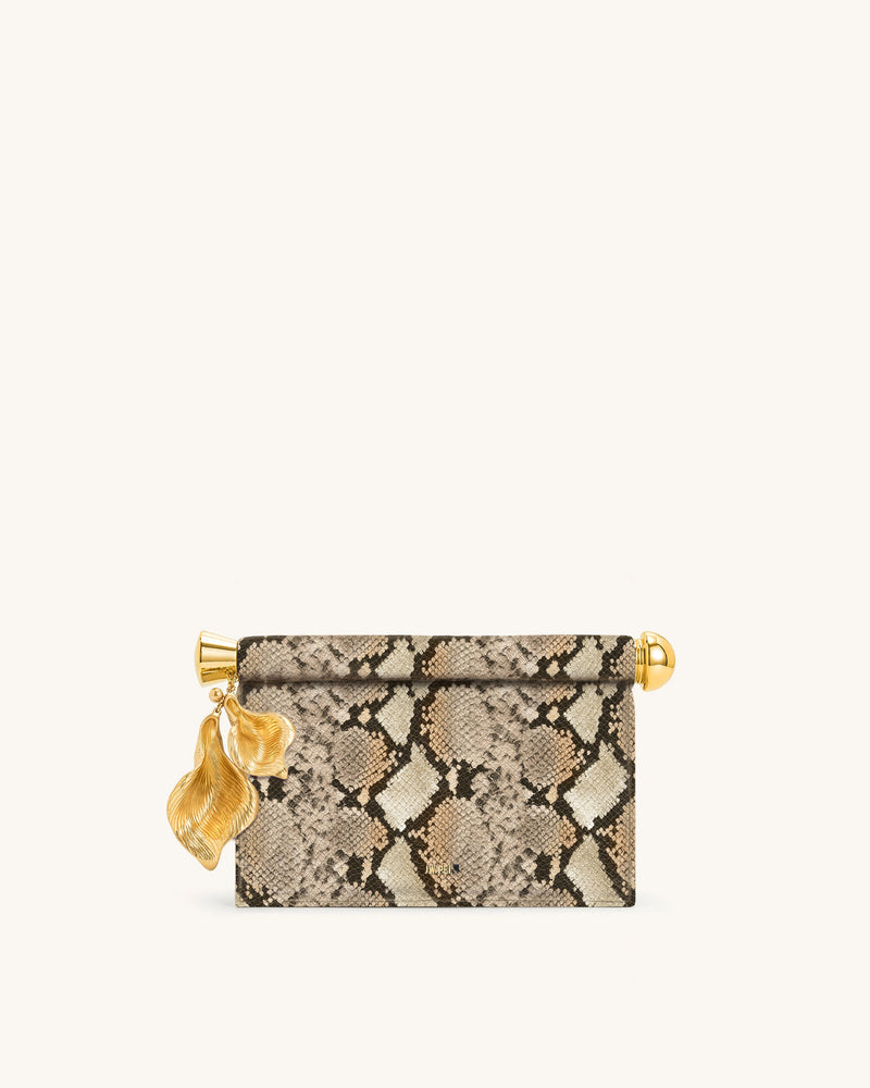 Holly Metal Pendant Embellished Snakeskin Clutch - Apricot