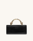 Maya Leopard-Shaped Hardware Handle Top Handle Bag - Black Croc