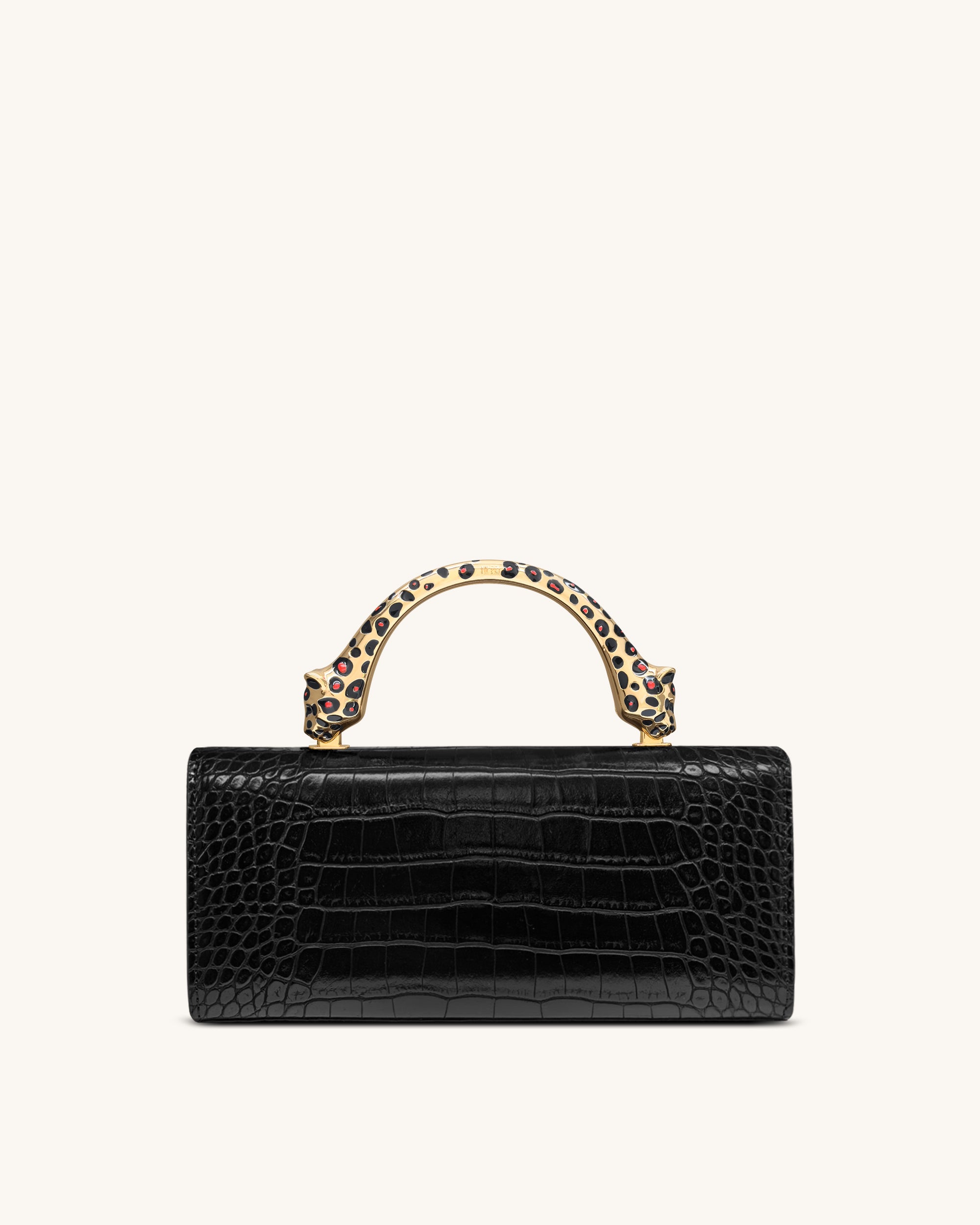 Maya Leopard-Shaped Hardware Handle Top Handle Bag - Black Croc
