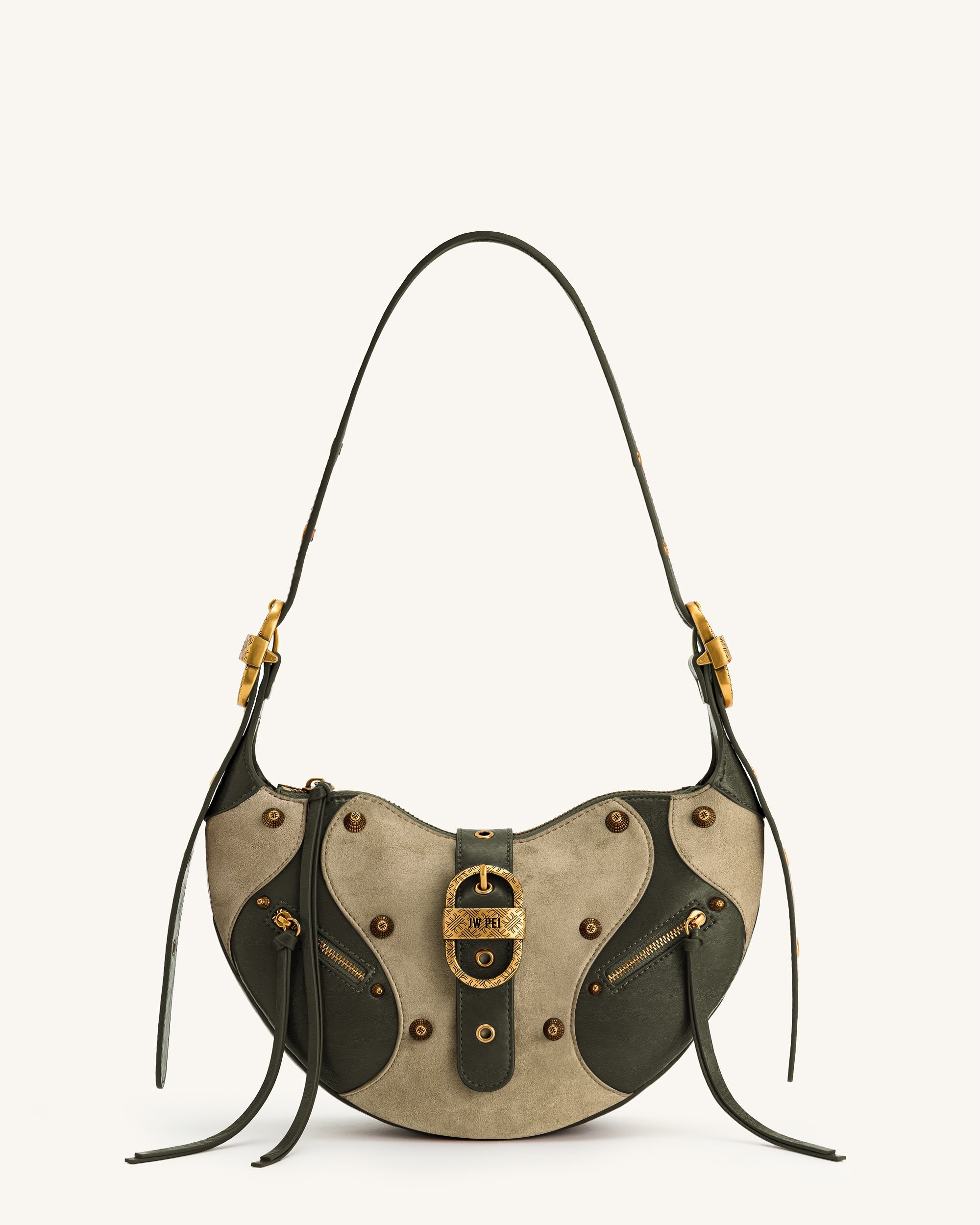 Tessa Faux Suede Studded Shoulder Bag - Khaki Green