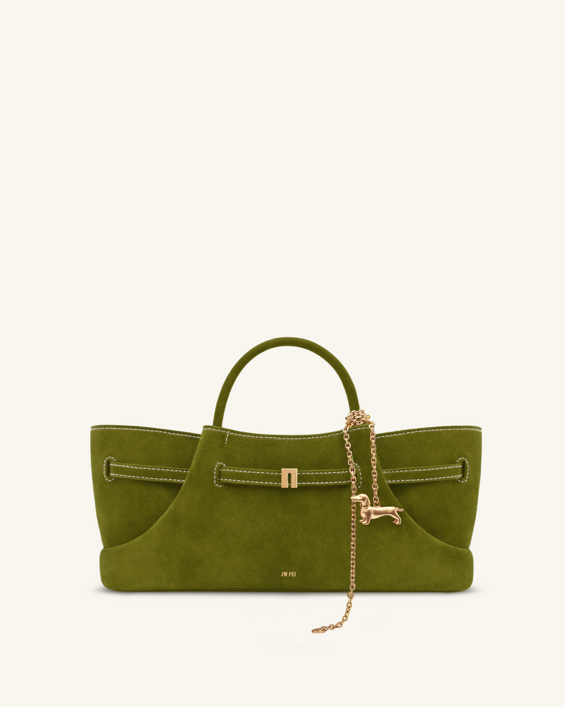 Maeve Dachshund Metal Charm Faux Suede Tote Bag - Olive Green