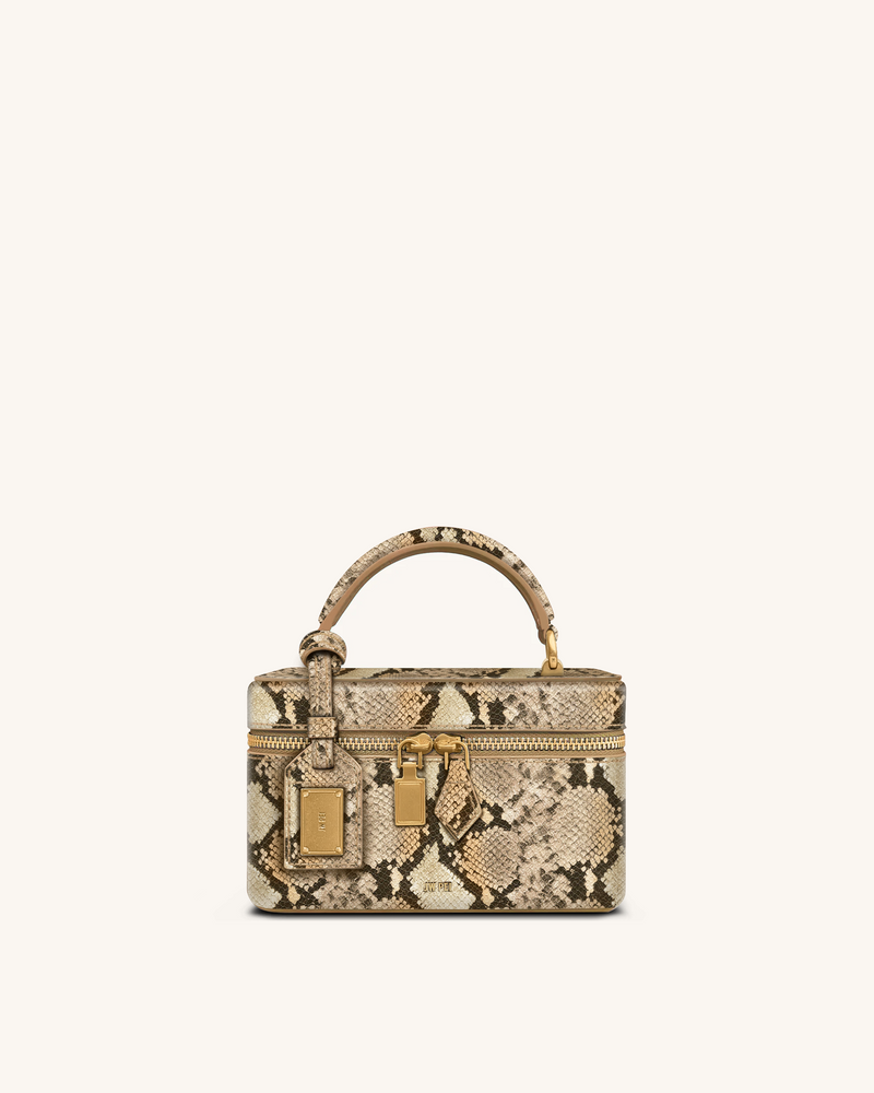Cleo Snake-Embossed Box Shape Top Handle Bag - Beige