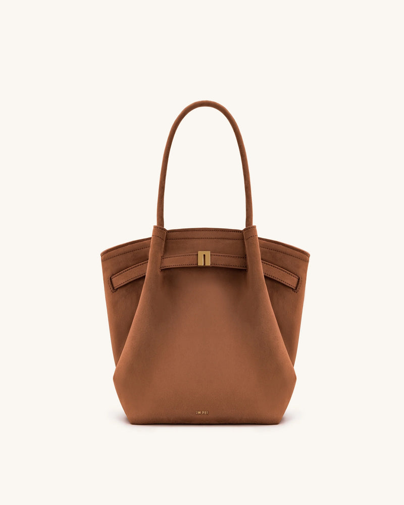 Hana Column Faux Suede Tote Bag - Brown