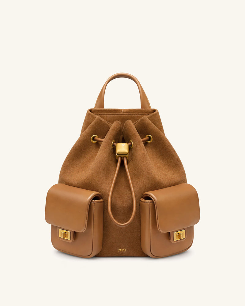 Avery Faux Suede Drawstring Utility Backpack – Brown