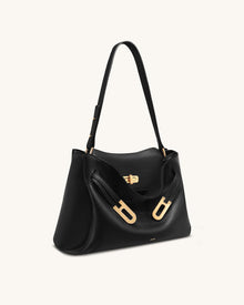 Rhea Pebbled Double Buckle Shoulder Bag - Black