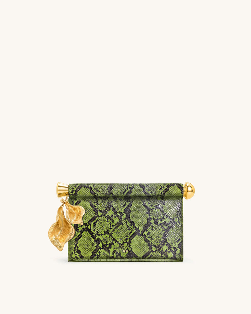 Holly Metal Pendant  Embellished Snakeskin Clutch - Green