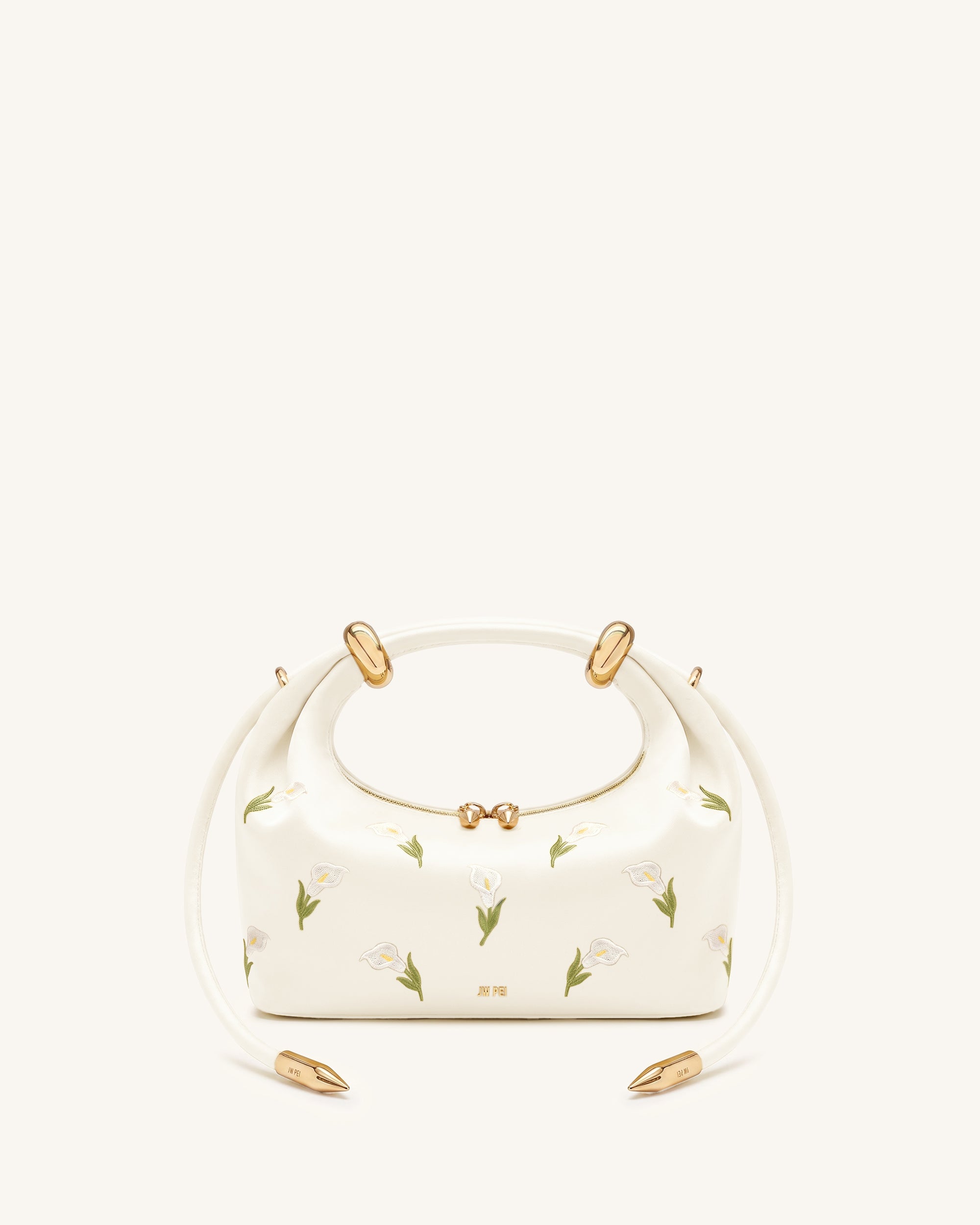 Ellie Satin Finish Embroidered Metal Ring Embellished Top Handle Bag - White