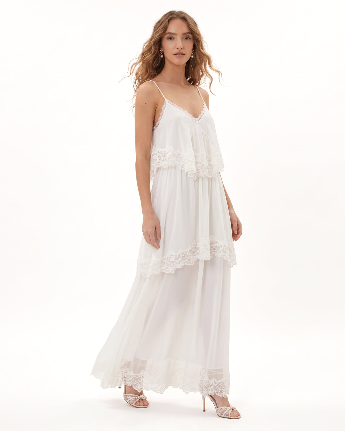 Cami Tiered Ruffle Lace Maxi Gown - White