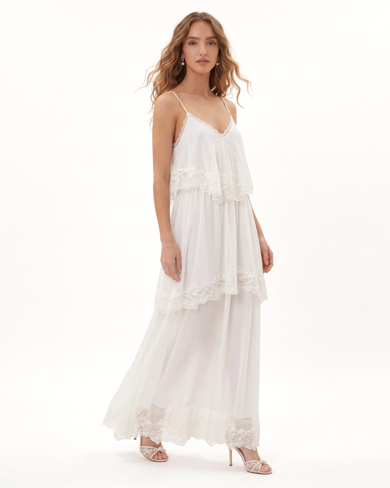 Cami Tiered Ruffle Lace Maxi Gown - White