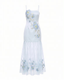 Floral Embroidered Sheer Overlay Maxi Dress - Light Blue
