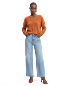 Embellished V-Neck Fuzzy Sweater - Burnt Caramel