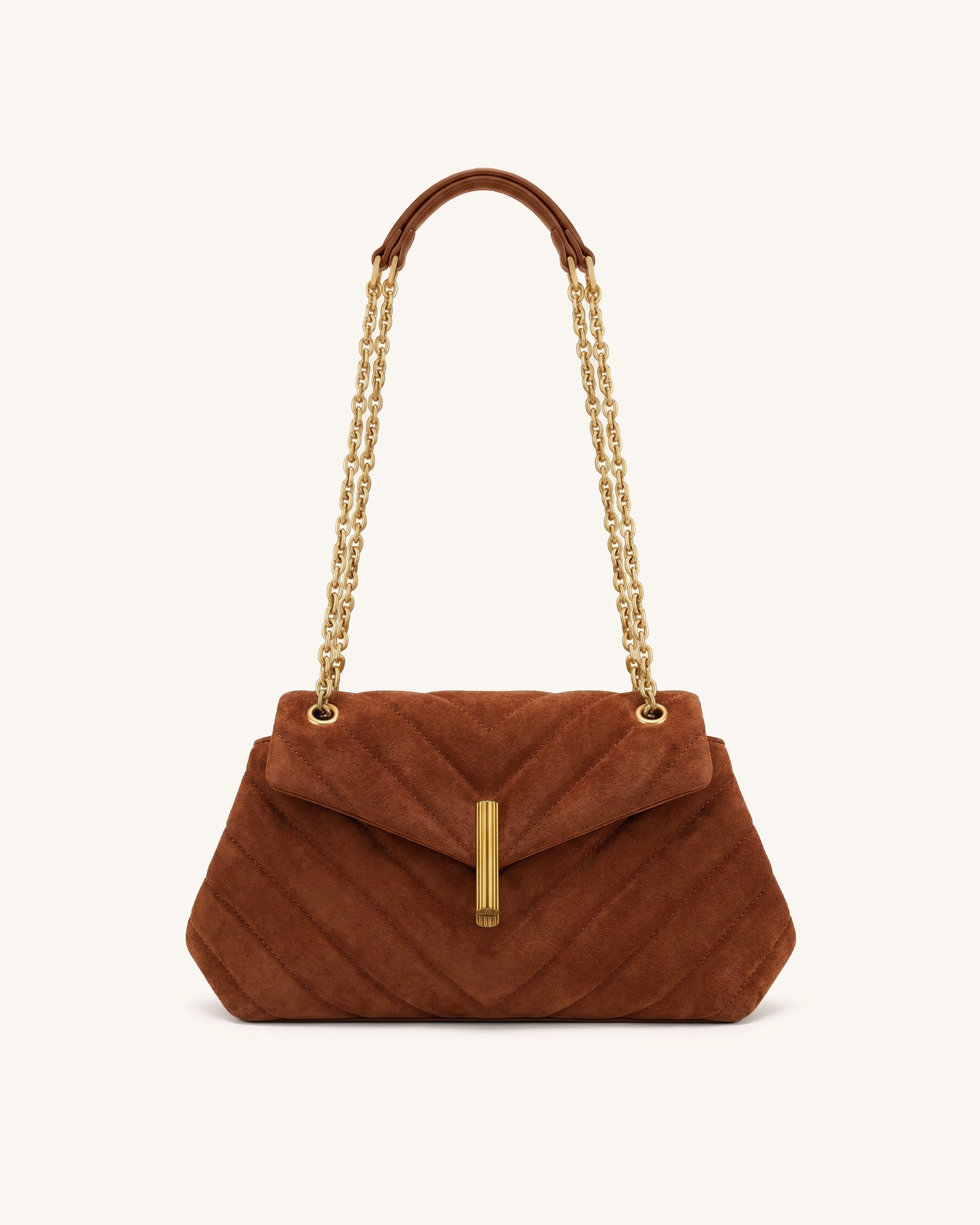 Valerie Faux Suede Quilted Chain Flap Shoulder Bag - Coffee Brown