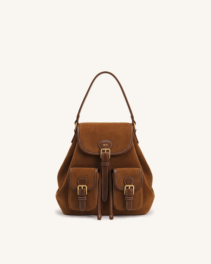 Harper Faux Suede Buckle Pocket Backpack - Caramel Brown