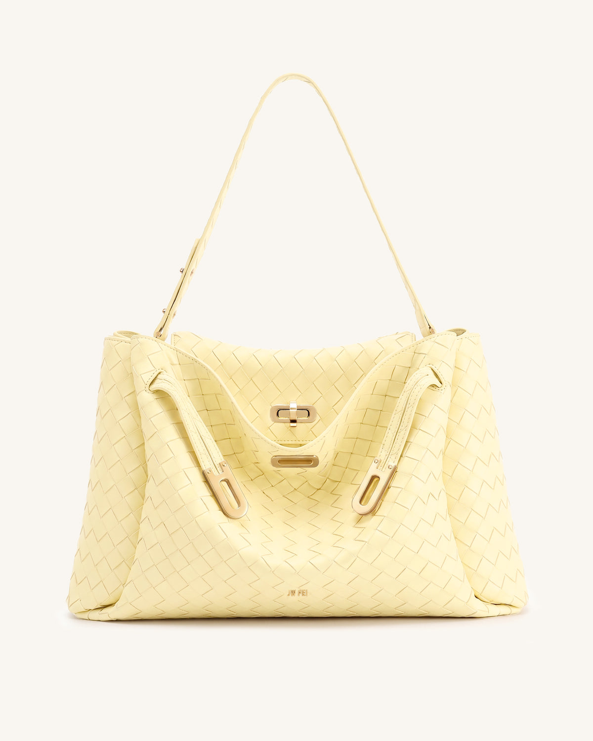 Rhea Large Woven Textured Shoulder Bag - Creamy Yellow