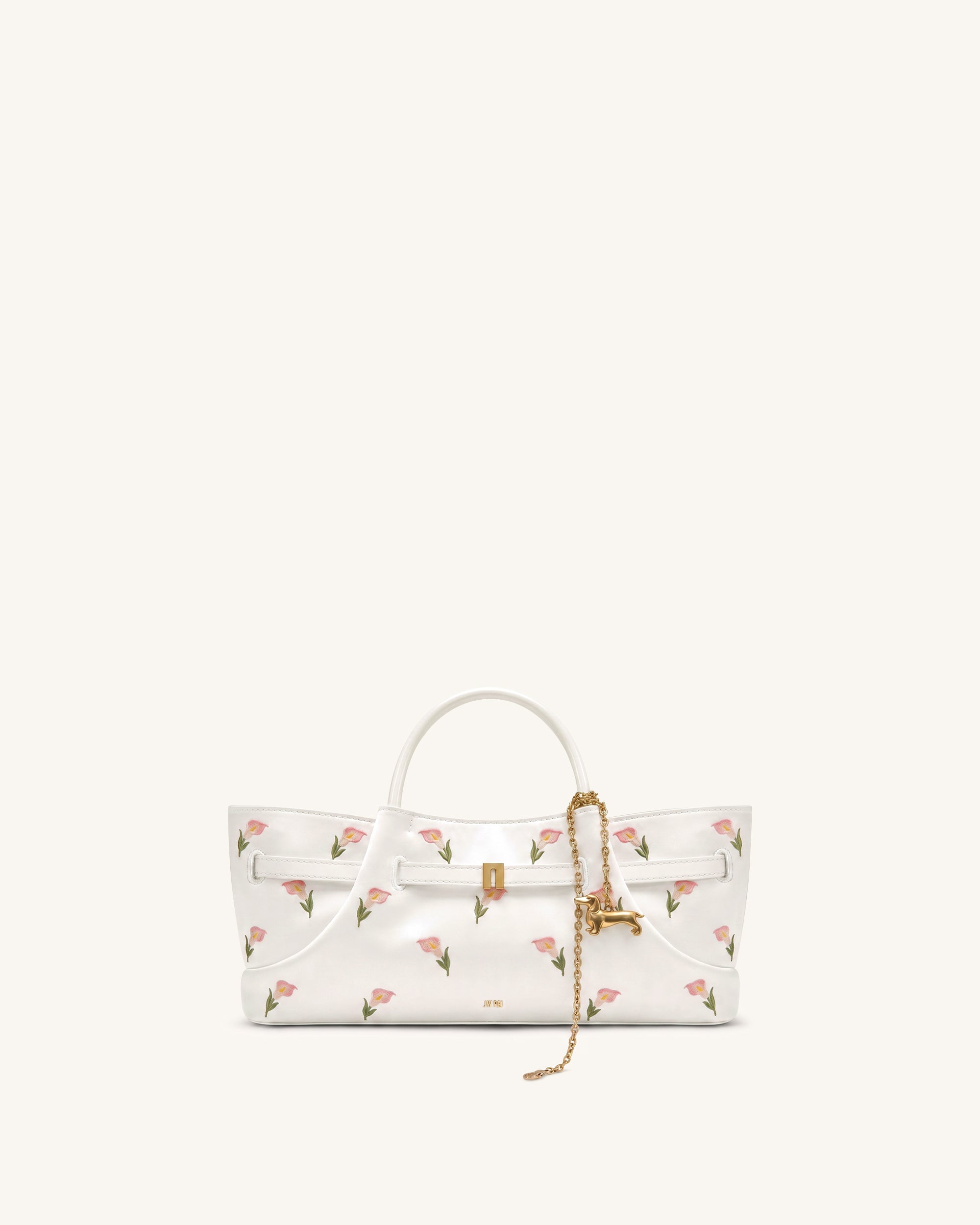 Maeve Satin Finish Embroidered Dachshund Metal Charm Tote Bag - Ceramic White