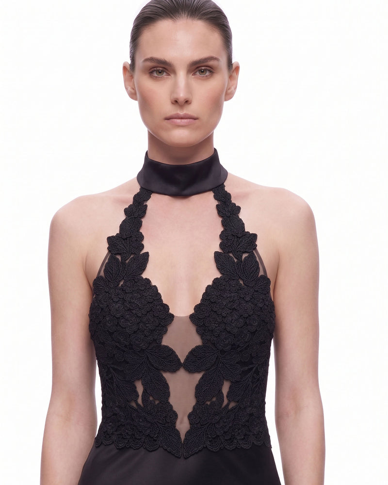 Floral Lace Halter Plunge-Neck Satin Maxi Dress - Black