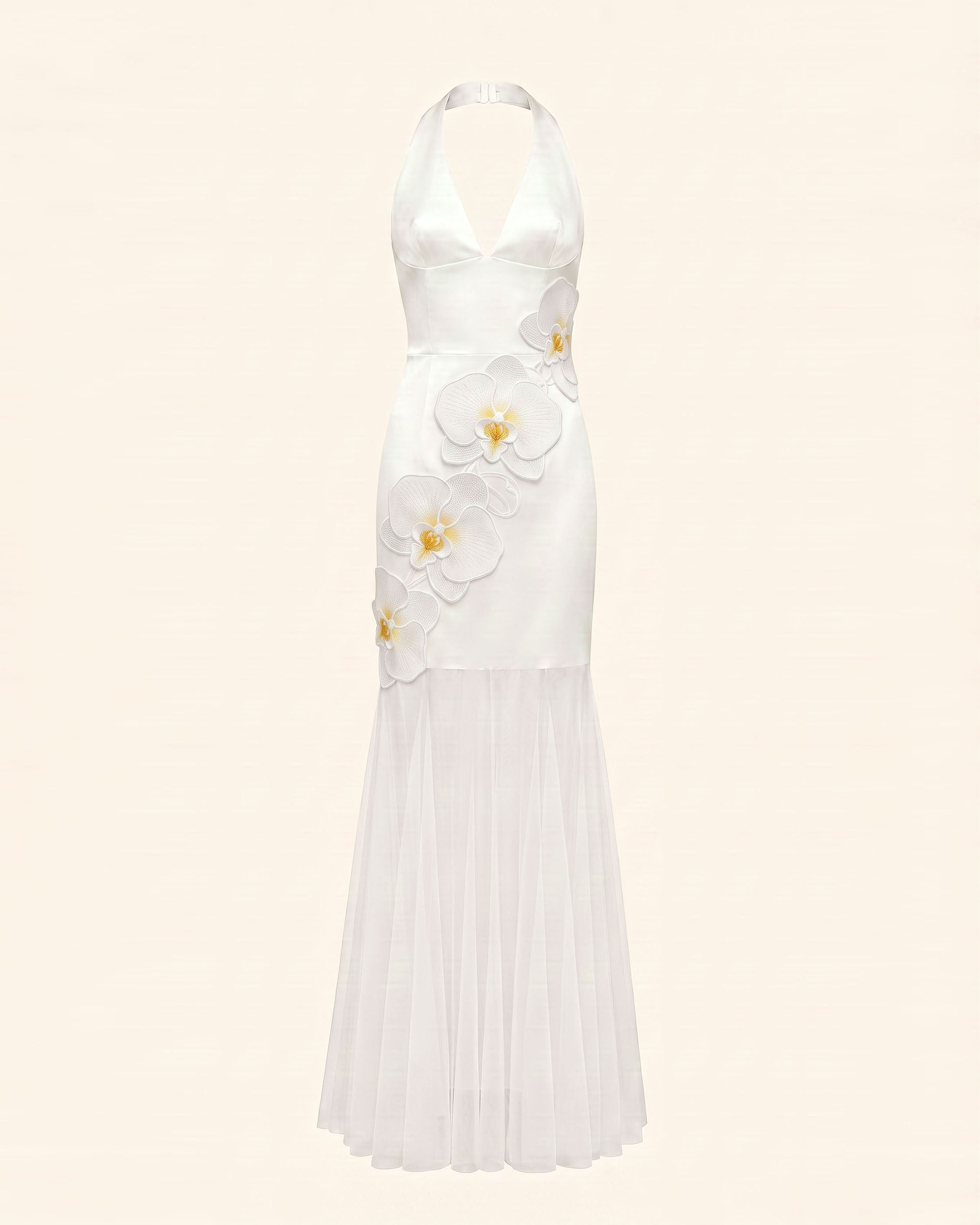 Orchid Embroidered Sheer Hem Halter Maxi Dress - White