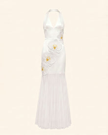 Orchid Embroidered Sheer Hem Halter Maxi Dress - White