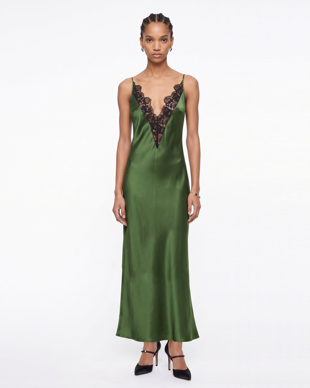 Lace-Trim Deep V-Neck Satin Maxi Dress - Green