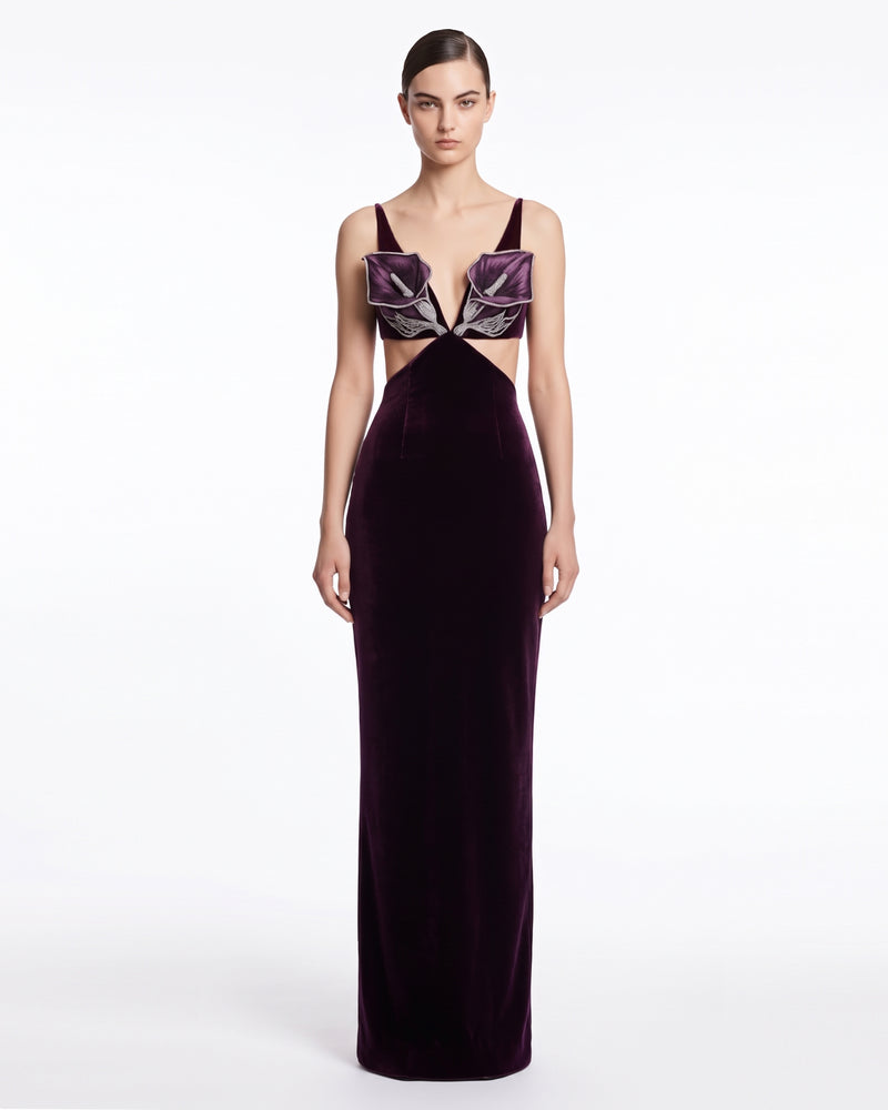 3D Floral Cutout Velvet Maxi Dress - Dark Purple
