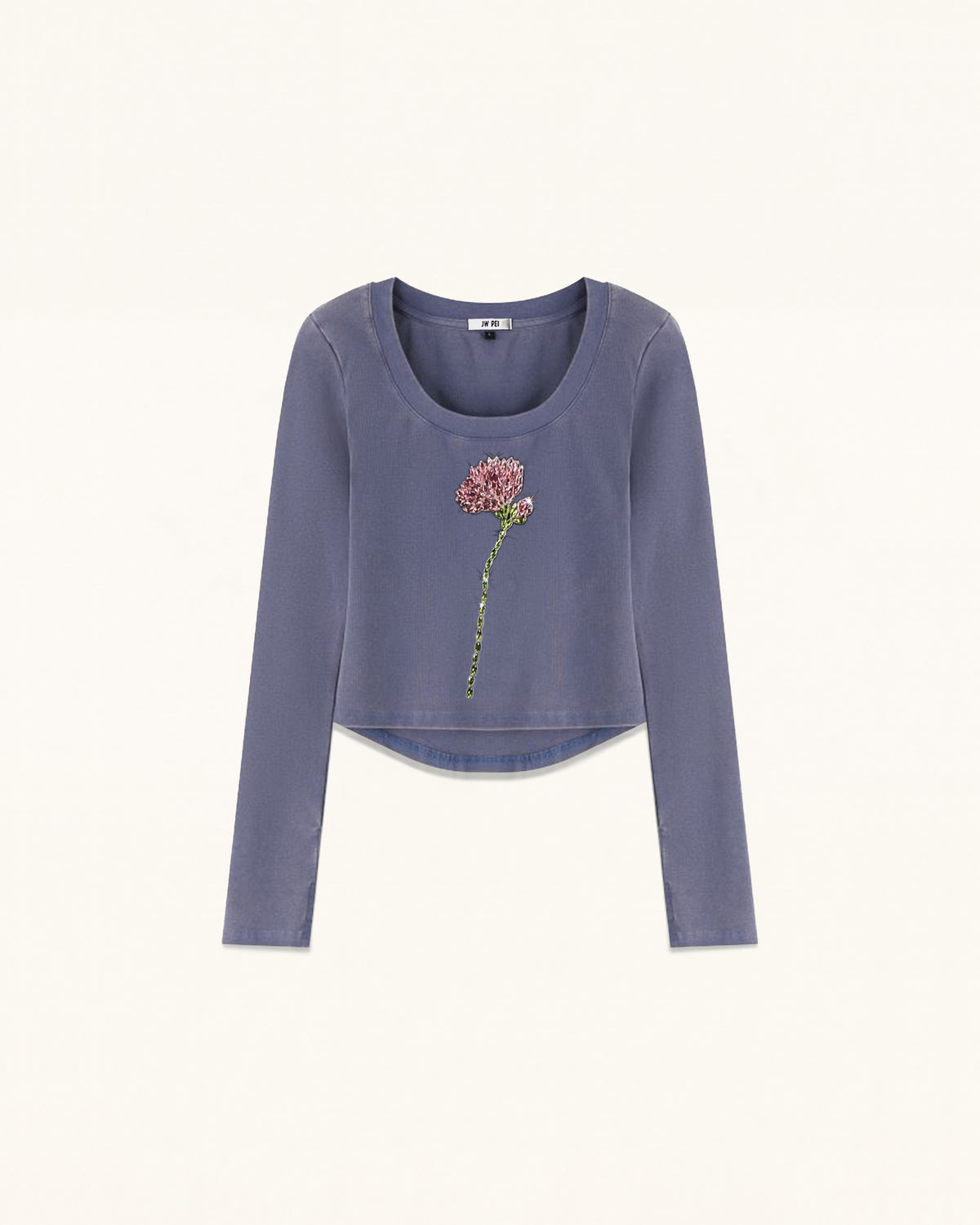 Rhinestone Rose Scoop Neck Curved Cropped Tee - Smokey Slate