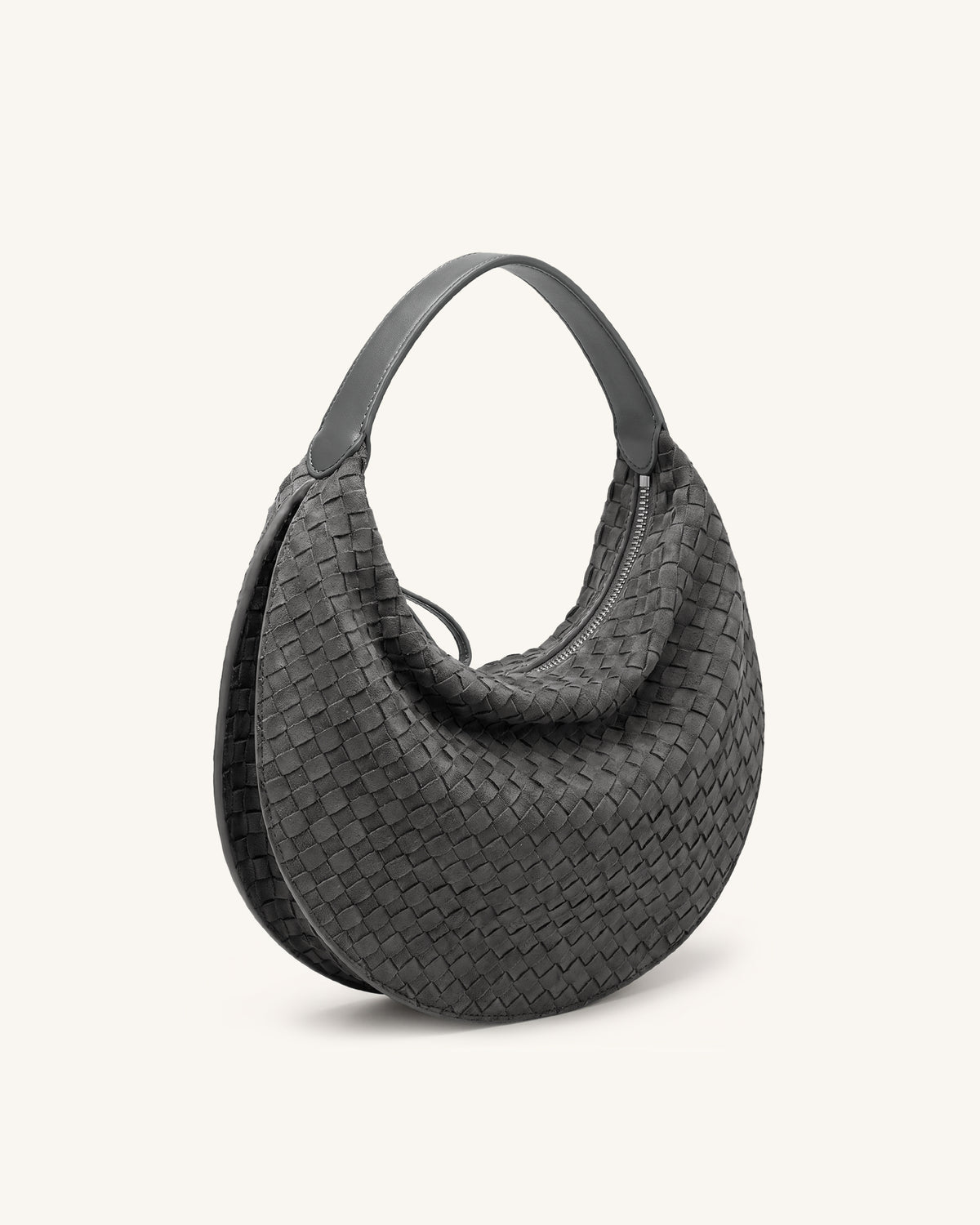 Nola Faux Suede Woven Crescent Shoulder Bag - Charcoal Gray