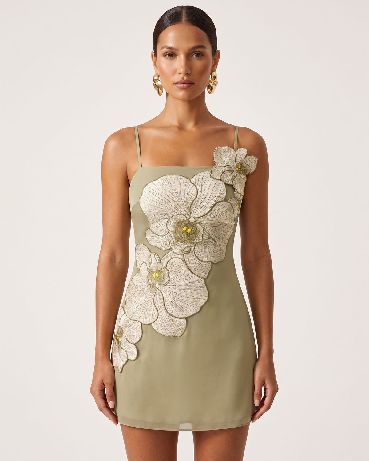 Orchid Appliqué Mini Dress - Light Khaki Grey