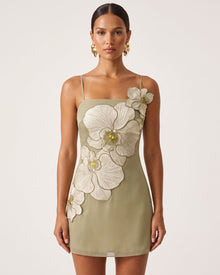 Orchid Appliqué Mini Dress - Light Khaki Grey