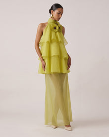 Poppy Embroidered Halter Tiered Ruffle Maxi Dress - Lime Green