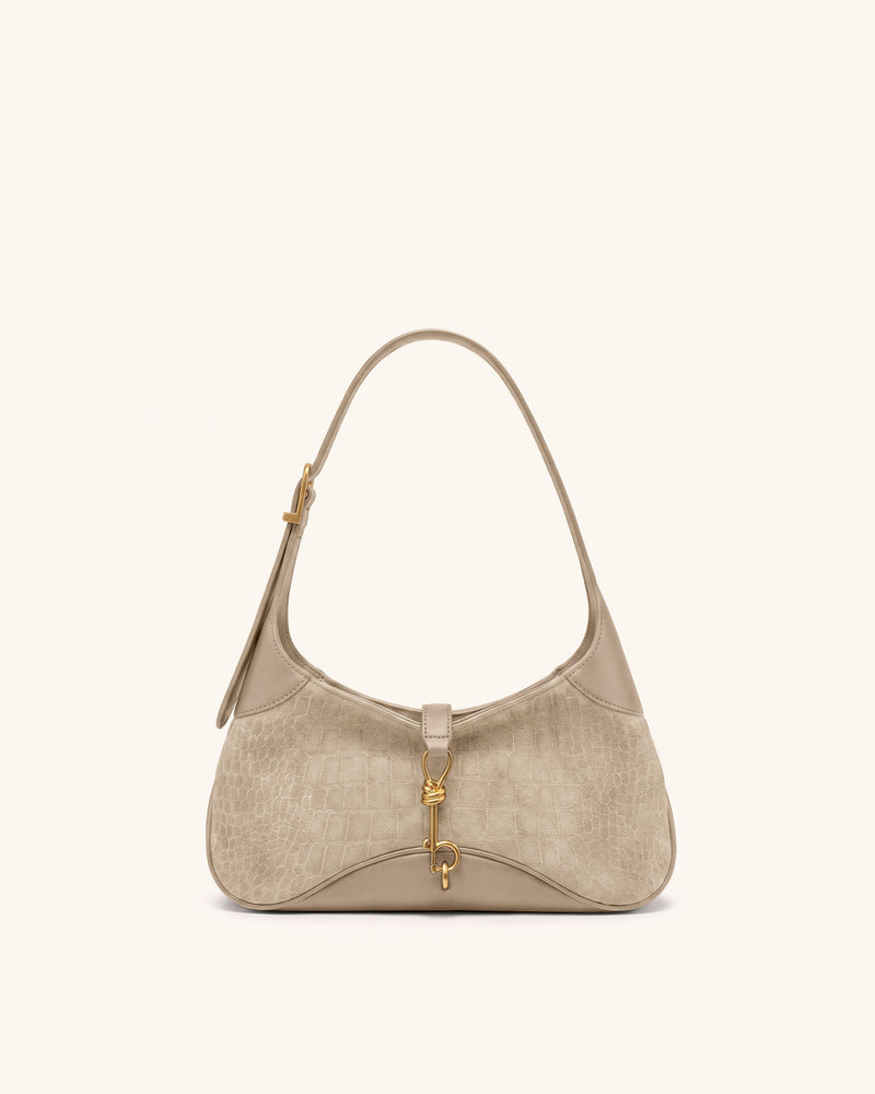 Juliette Faux Suede Key Charm East-West Shoulder Bag - Khaki Croc