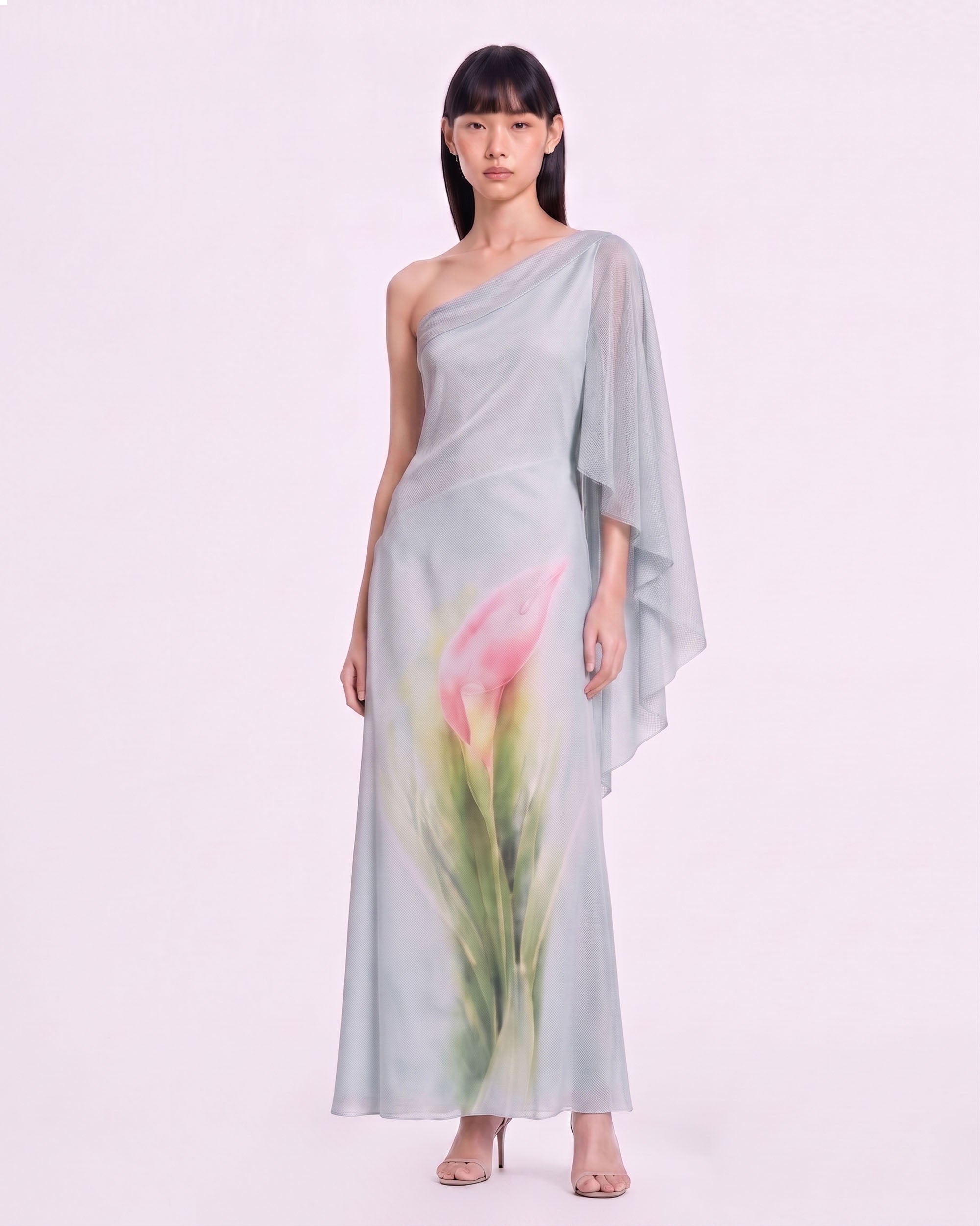 Calla Lily One-Shoulder Cape Maxi Dress - Light Blue
