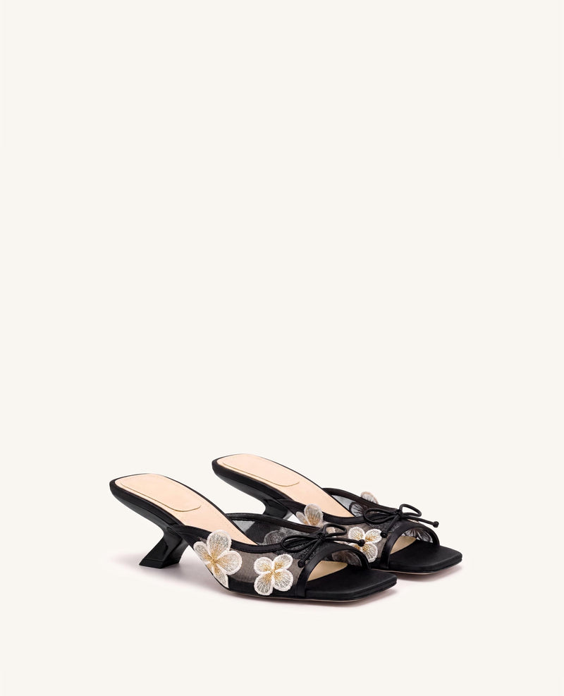 Mireille Bow Floral Embroidered Appliqué Mesh Heeled Sandals - Black