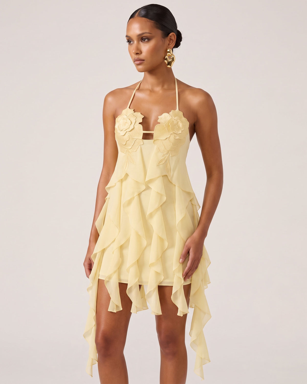 Flower Embroidered Halter Asymmetric Ruffle Mini Dress - Butter Cream