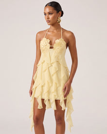 Flower Embroidered Halter Asymmetric Ruffle Mini Dress - Butter Cream