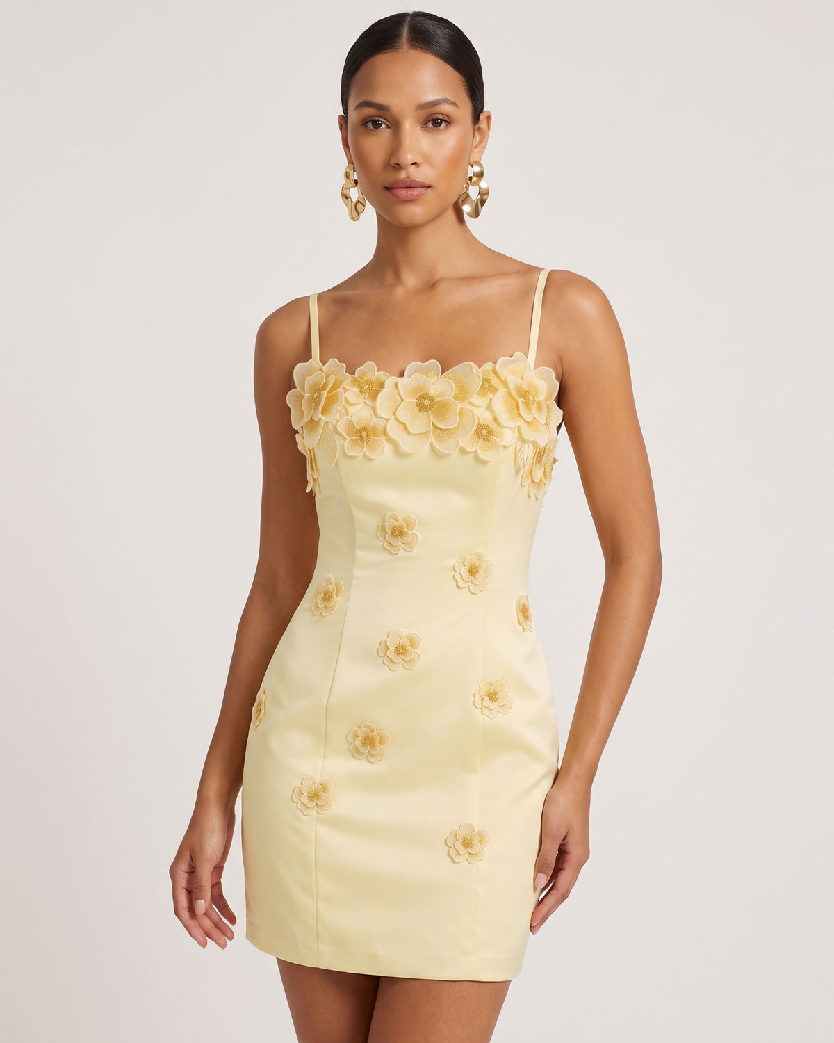 Flower Embroidered Spaghetti Strap Mini Dress - Butter Cream