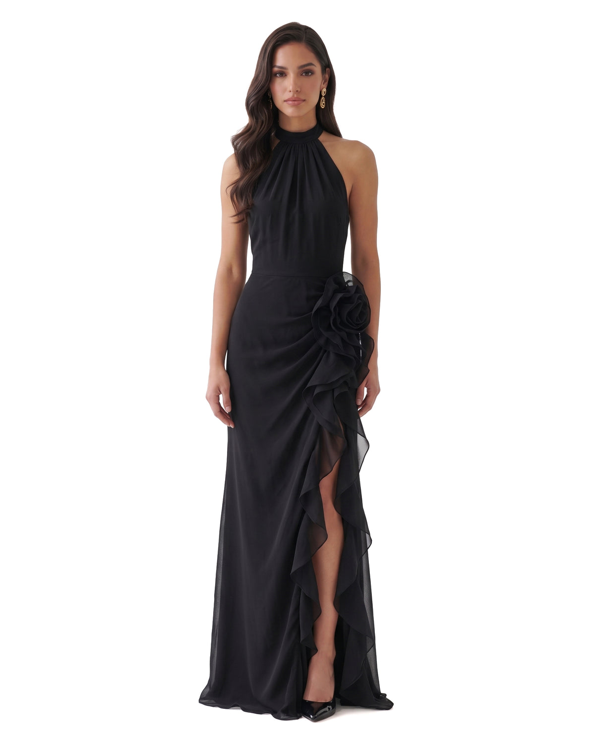 Halter Ruffle Rosette Slit Maxi Dress - Black