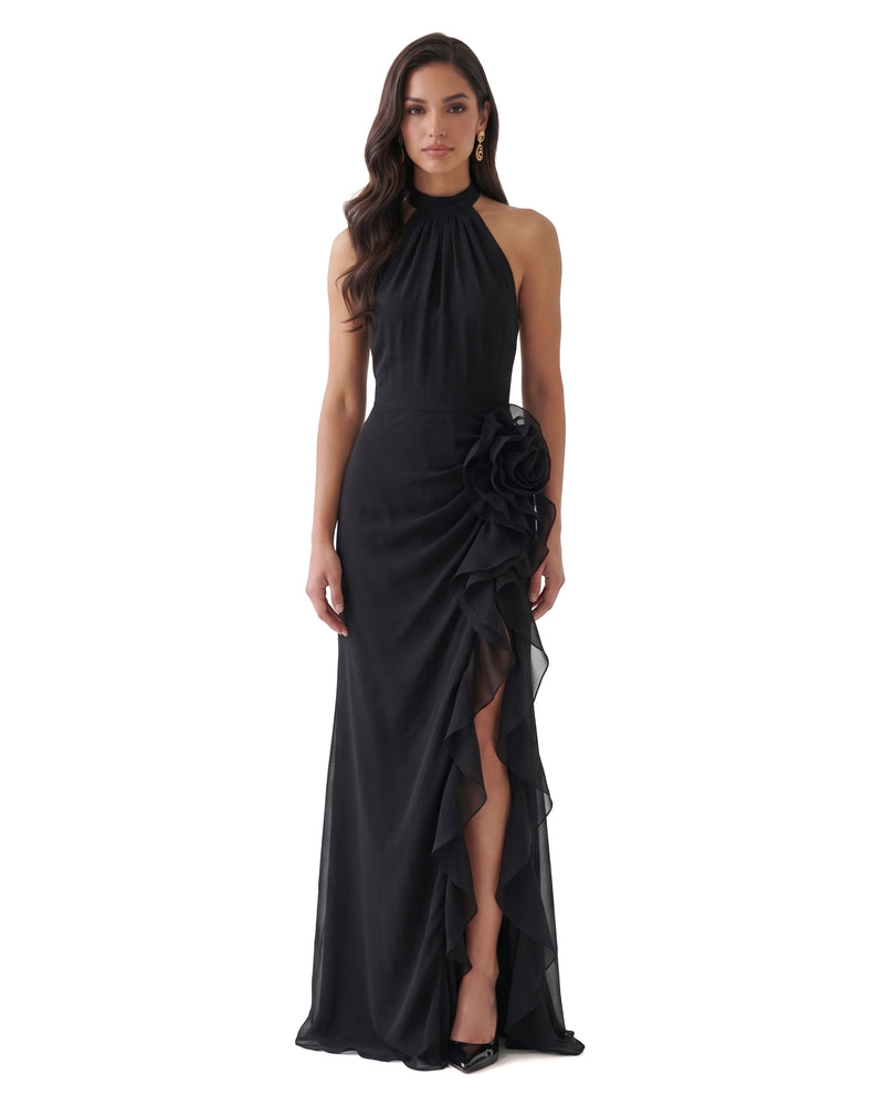 Halter Ruffle Rosette Slit Maxi Dress - Black