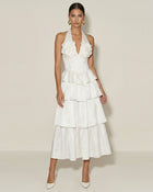 Flower Embroidered Tiered Halter Midi Dress - White