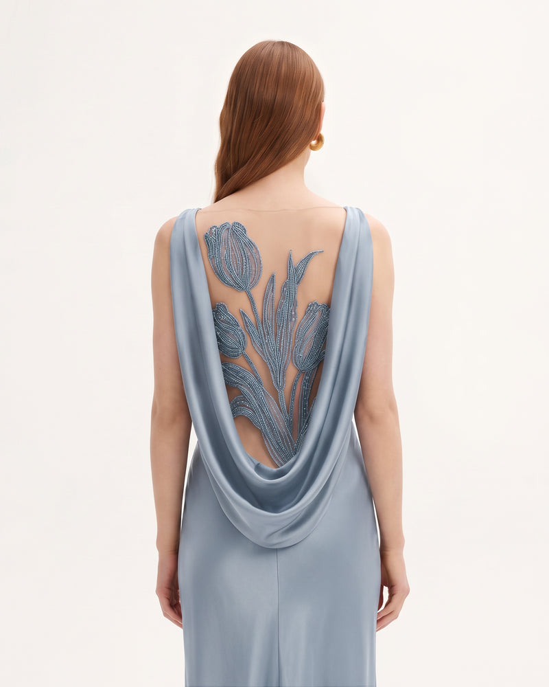 Tulip Appliqué Cowl-Back Satin Column Maxi Dress - Ice Blue