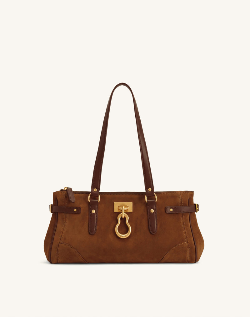 Yvette Faux Suede Elongated Tote Bag - Caramel Brown