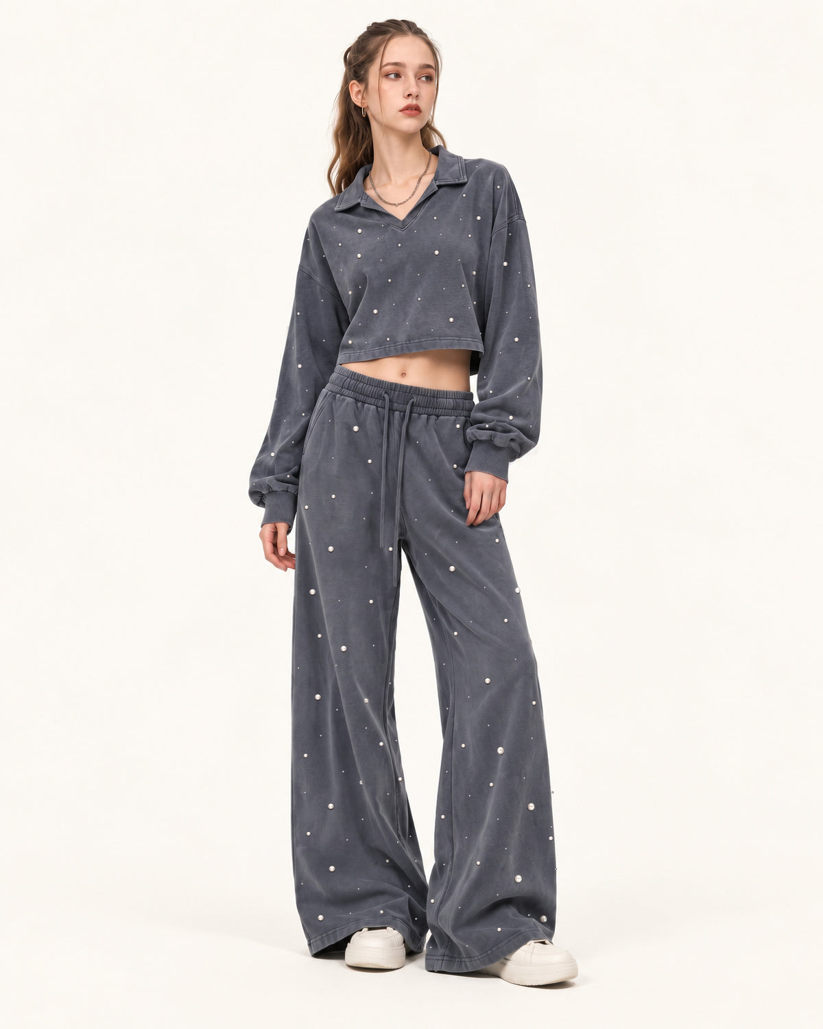 Scattered Pearl Rhinestone Cropped Sweatshirt - Washed Slate